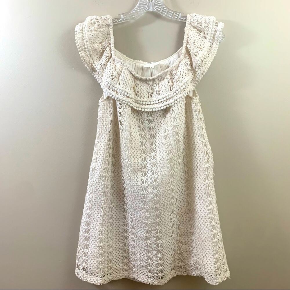 Sezane Crochet Lace Cream Off the Shoulders Mini Dress
